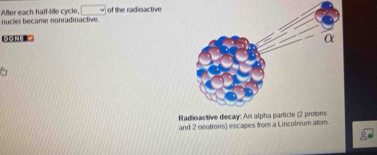 After each half-life cycle, □ of the radioactive 
nuclei became nonradioactive. 
dont 
Ra 
and 2 neutrons) escapes from a Lincolnium atom.