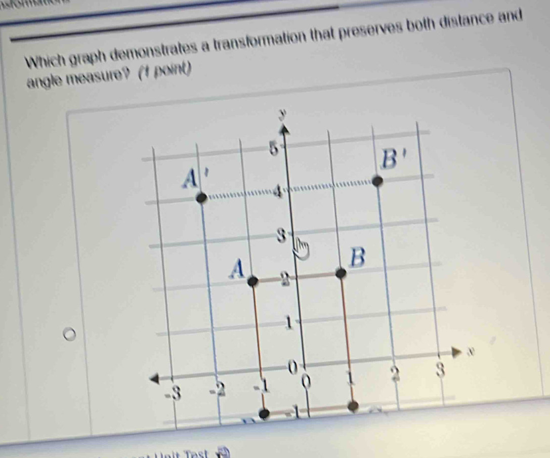 Which graph demonstrates a transformation that preserves both distance and
angle measure? (1 point)