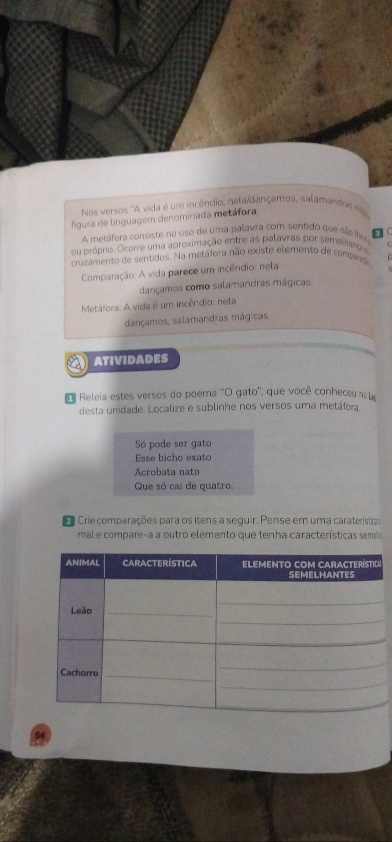 Nos versos "A vida é um incêndio; nela/dançamos, salamandras m 
figura de linguagem denominada metáfora. 
A metafora consiste no uso de uma palavra com sentido que não a C 
ou próprio. Ocorre uma aproximação entre as palavras por semelharça 
cruzamento de sentidos. Na metáfora não existe elemento de comparç 
Comparação: A vida parece um incêndio: nela 
dançamos como salamandras mágicas 
Metáfora: A vida é um incêndio: nela 
dançamos, salamandras mágicas, 
ATIVIDADES 
Releia estes versos do poema "O gato", que você conheceu na la 
desta unidade. Localize e sublinhe nos versos uma metáfora 
Só pode ser gato 
Esse bicho exato 
Acrobata nato 
Que só cai de quatro. 
e Crie comparações para os itens a seguir. Pense em uma caraterísticas 
mal e compare-a a outro elemento que tenha características semei 
56