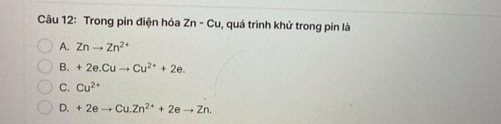 Trong pin điện hóa Zn-Cu , quá trình khử trong pin là
A. Znto Zn^(2+)
B. +2e.Cuto Cu^(2+)+2e.
C. Cu^(2+)
D. +2 to Cu.Zn^(2+)+2eto Zn.