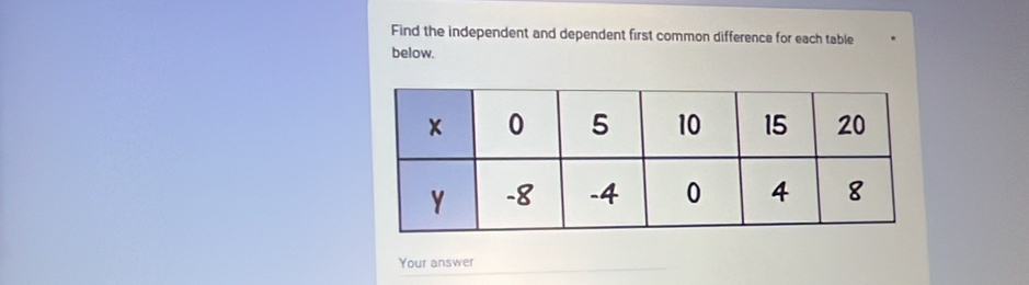 Find the independent and dependent first common difference for each table 
below. 
Your answer