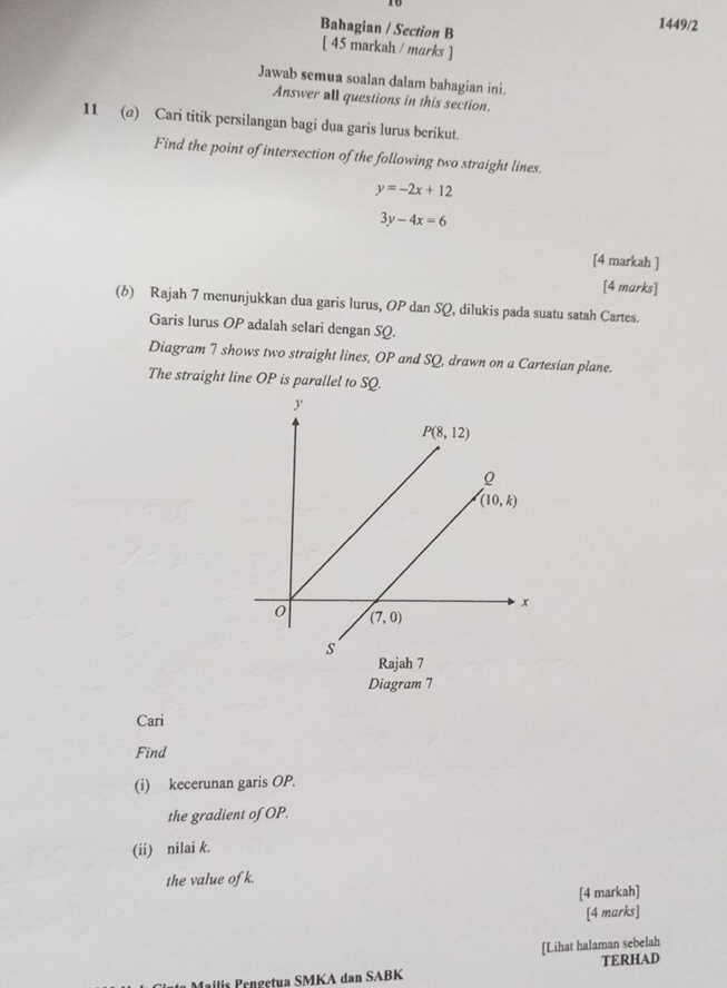 Bahagian / Section B
1449/2
[ 45 markah / marks ]
Jawab semua soalan dalam bahagian ini.
Answer all questions in this section.
11 (a) Cari titik persilangan bagi dua garis lurus berikut.
Find the point of intersection of the following two straight lines.
y=-2x+12
3y-4x=6
[4 markah ]
[4 marks]
(b) Rajah 7 menunjukkan dua garis lurus, OP dan SQ, dilukis pada suatu satah Cartes.
Garis lurus OP adalah selari dengan SQ.
Diagram 7 shows two straight lines, OP and SQ, drawn on a Cartesian plane.
The straight line OP is parallel to SQ.
Rajah 7
Diagram 7
Cari
Find
(i) kecerunan garis OP.
the gradient of OP.
(ii) nilai k.
the value of k.
[4 markah]
[4 marks]
[Lihat halaman sebelah
Mailis Pengetua SMKA dan SABK TERHAD