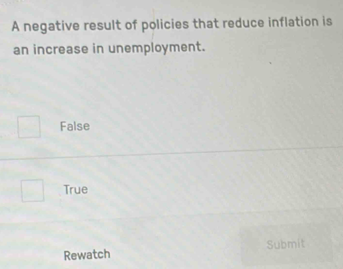 A negative result of policies that reduce inflation is
an increase in unemployment.
False
True
Submit
Rewatch