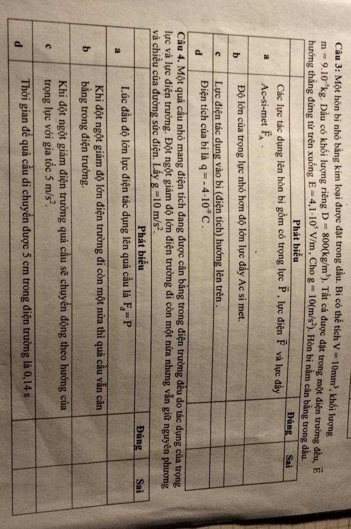Một hòn bi nhỏ bằng kim loại được đặt trong dầu. Bi có thể tích V=10mm^3 , khối lượng
m=9.10^(-5)kg. Dầu có khối lượng riêng D=800(kg/m^3) 5. Tất cả được đặt trong một điện trường đều, vector E
hướngxuống E=4,1· 10^5V/m , Cho g=10(m/s^2)
Câu 4. Một quả cầu nhỏ mang điện tích đang đ trong điện trường đều do tác dụng của trọng
lực và lực điện trường. Đột ngột giảm độ lớn điện trường đi còn một nửa nhưng vẫn giữ nguyên phương