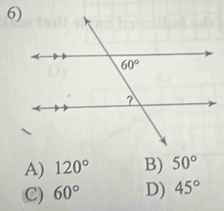 A) 120°
B) 50°
C) 60°
D) 45°