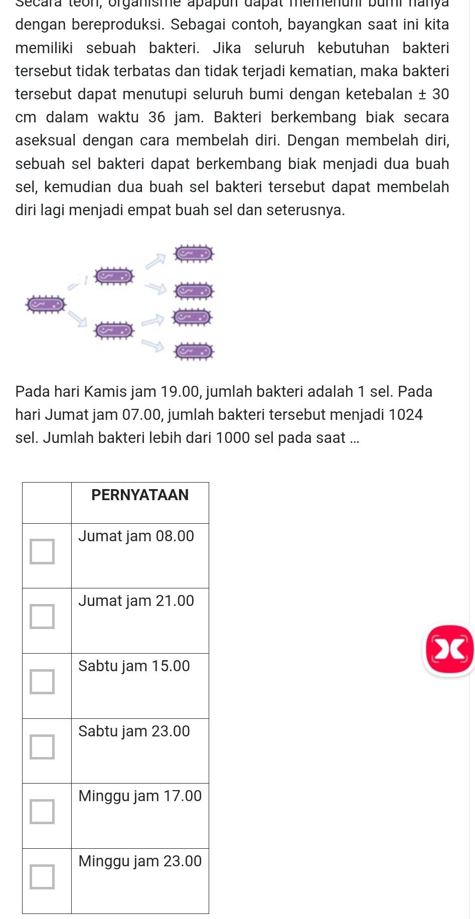 Secara teon, organisme apapun dapat memenuni bumi nanya 
dengan bereproduksi. Sebagai contoh, bayangkan saat ini kita 
memiliki sebuah bakteri. Jika seluruh kebutuhan bakteri 
tersebut tidak terbatas dan tidak terjadi kematian, maka bakteri 
tersebut dapat menutupi seluruh bumi dengan ketebalan ± 30
cm dalam waktu 36 jam. Bakteri berkembang biak secara 
aseksual dengan cara membelah diri. Dengan membelah diri, 
sebuah sel bakteri dapat berkembang biak menjadi dua buah 
sel, kemudian dua buah sel bakteri tersebut dapat membelah 
diri lagi menjadi empat buah sel dan seterusnya. 
Pada hari Kamis jam 19.00, jumlah bakteri adalah 1 sel. Pada 
hari Jumat jam 07.00, jumlah bakteri tersebut menjadi 1024
sel. Jumlah bakteri lebih dari 1000 sel pada saat ... 
(