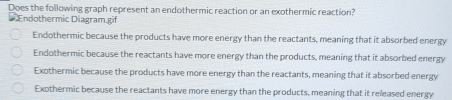 Does the following graph represent an endothermic reaction or an exothermic reaction?
b Endothermic Diagram.gif
Endothermic because the products have more energy than the reactants, meaning that it absorbed energy
Endothermic because the reactants have more energy than the products, meaning that it absorbed energy
Exothermic because the products have more energy than the reactants, meaning that it absorbed energy
Exothermic because the reactants have more energy than the products, meaning that it released energy