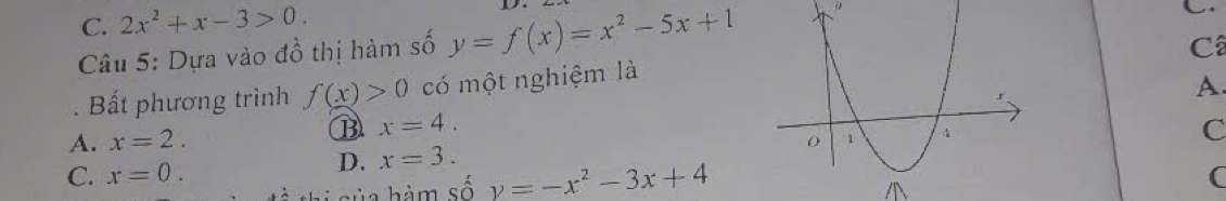 C. 2x^2+x-3>0. D
Câu 5: Dựa vào đồ thị hàm số y=f(x)=x^2-5x+1
C.
C
. Bất phương trình f(x)>0 có một nghiệm là
A.
A. x=2.
B x=4. 
C
D. x=3.
C. x=0. (
hi sủ a hàm số y=-x^2-3x+4