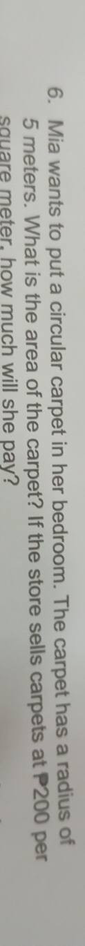 Mia wants to put a circular carpet in her bedroom. The carpet has a radius of
5 meters. What is the area of the carpet? If the store sells carpets at P200 per
square meter. how much will she pay?