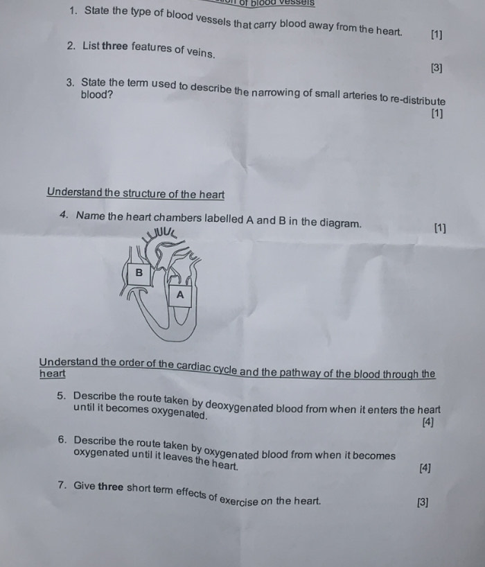 of blood vessets 
1. State the type of blood vessels that carry blood away from the heart. [1] 
2. List three features of veins. 
[3] 
3. State the term used to describe the narrowing of small arteries to re-distribute 
blood? 
[1] 
Understand the structure of the heart 
4. Name the heart chambers labelled A and B in the diagram. [1] 
Understand the order of the cardiac cycle and the pathway of the blood through the 
heart 
5. Describe the route taken by deoxygenated blood from when it enters the heart 
until it becomes oxygenated. 
[4] 
6. Describe the route taken by oxygenated blood from when it becomes 
oxygenated until it leaves the heart. 
[4] 
7. Give three short term effects of exercise on the heart. 
[3]