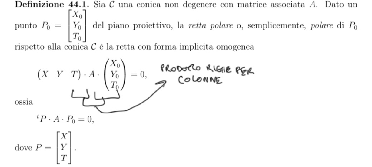 Definizione 44.1. Sia C una conica non degenere con matrice associata A. Dato un 
punto P_0=beginbmatrix X_0 Y_0 T_0endbmatrix del piano proiettivo, la retta polare o, semplicemente, polare di P_0
rispetto alla conica C è la retta con forma implicita omogenea
(XYT)· A· beginpmatrix X_0 Y_0 T_0endpmatrix =0, 
ossia^tP· A· P_0=0, 
dove P=beginbmatrix X Y Tendbmatrix.