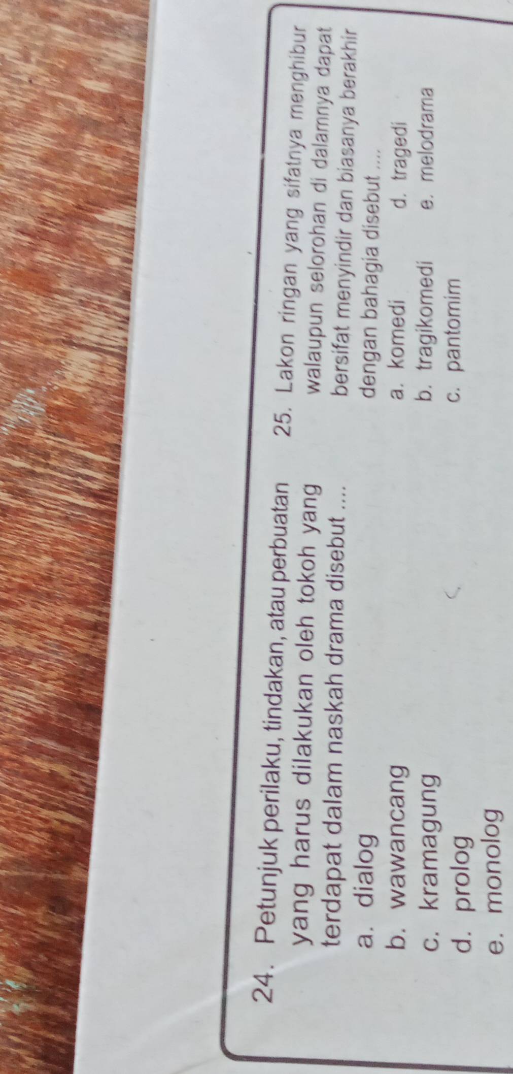Petunjuk perilaku, tindakan, atau perbuatan 25. Lakon ringan yang sifatnya menghibur
yang harus dilakukan oleh tokoh yang walaupun selorohan di dalamnya dapat
terdapat dalam naskah drama disebut .... bersifat menyindir dan biasanya berakhir
a. dialog
dengan bahagia disebut ....
b. wawancang a. komedi d. tragedi
c. kramagung b. tragikomedi e.melodrama
d. prolog
c. pantomim
e. monolog