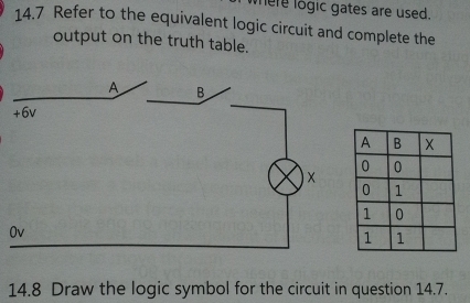 here logic gates are used. 
14.7 Refer to the equivalent logic circuit and complete the 
output on the truth table. 
O 
14.8 Draw the logic symbol for the circuit in question 14.7.