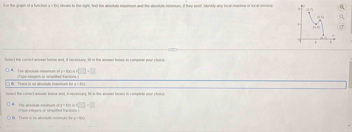 For the graph of a function y=f(x) shown to the right, find the absolute maximum and the absolute minimum, if they exist. Identify any local maxima or local minima 
Select the correct answer below and, if necessary, fill in the answer boxes to complete your choice.
A. The absolute maximum of y=f(x) is f(□ )=□
(Type integers or simplified fractions.)
B. There is no absolute maximum for y=f(x)
Select the correct answer below and, if necessary, fill in the answer boxes to complete your choice
A. The absolute minimum of y=f(x) is f(□ )=□ .
(Type integers or simplified fractions.)
B. There is no absolute minimum for y=f(x)