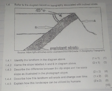 1.4 Refer to the diagram based on topography associated with inclined strata
1.4.1 Identify the landform in the diagram above. (1* 1) (1)
1.4.2 Name the slope labelled A and B in diagram above. (2* 1) (2)
1,4.3 Describe the difference between the dip slope and the scarp
slope-as illustrated in the photograph above. (2* 2) (4)
1.4.4 Describe how this fandform will erode and change over time. (1* 2) (2)
1.4.5 Explain how this landscape can be utilized by humans (3* 2) (6)
[15]