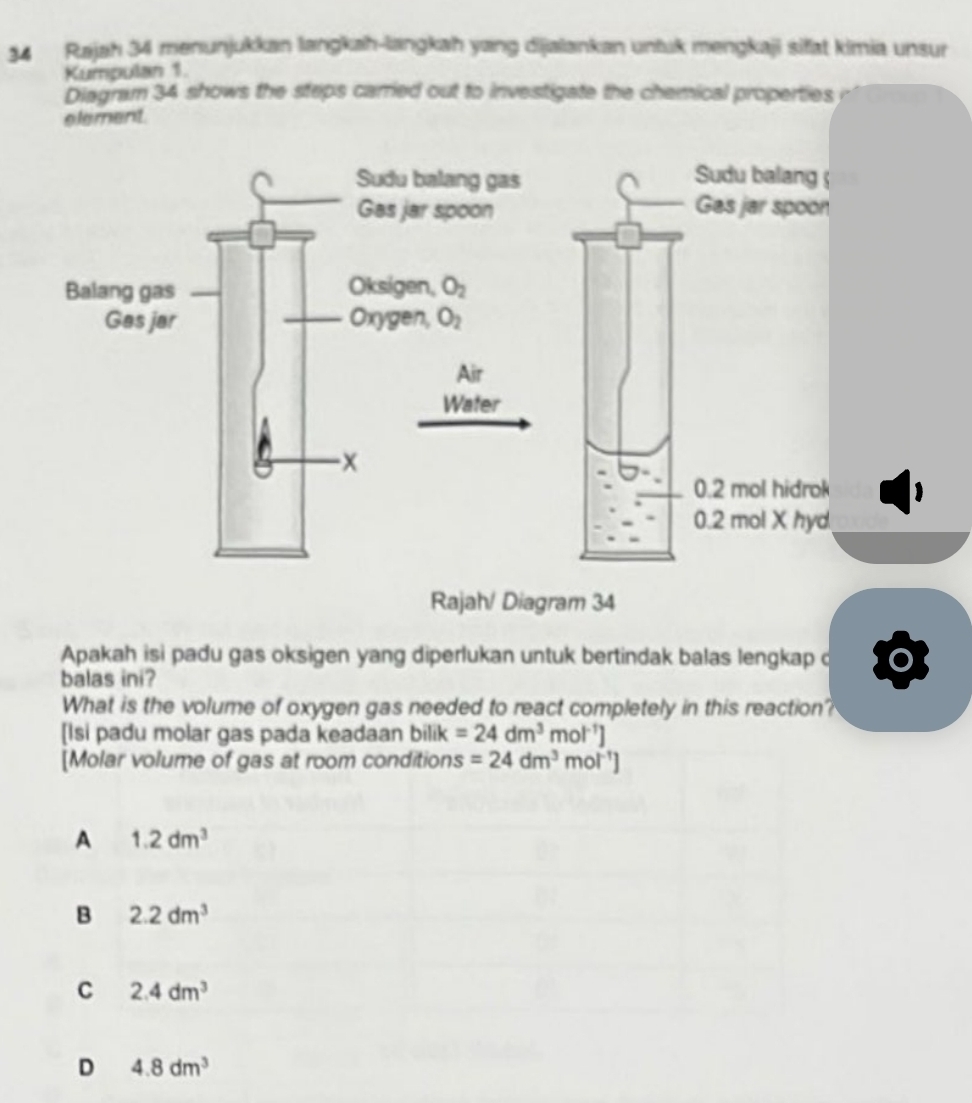 Rajah 34 menunjukkan langkah-langkah yang dijalankan untuk mengkaji sifat kimia unsur
Kumpulan 1.
Diagram 34 shows the steps carried out to investigate the chemical properties
element.
Sudu balang gas Sudu balang 
Gas jar spoon Gas jar spoon
Balang gas Oksigen, O_2
Gas jar Oxygen, O_2
Air
Water
x
0.2 mol hidrok
0.2 mol X hyd
Rajah/ Diagram 34
Apakah isi padu gas oksigen yang diperlukan untuk bertindak balas lengkap d
balas ini?
What is the volume of oxygen gas needed to react completely in this reaction?
[Isi padu molar gas pada keadaan bilik =24dm^3mol^(-1)]
[Molar volume of gas at room conditions =24dm^3mol^(-1)]
A 1.2dm^3
B 2.2dm^3
C 2.4dm^3
D 4.8dm^3