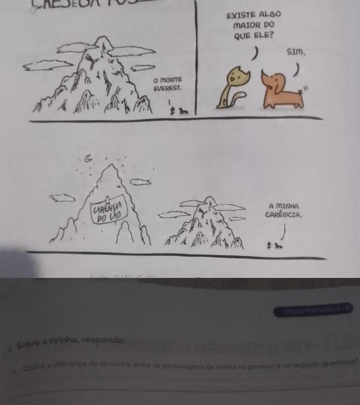 EXISTE ALGO 
MAIOR DO 
QUE ElE? 
) SIm. 
O MONTE 
EVEREST. 
CARENGIA 
A MINHA 
Do Cão 
CARÊNCIA. 
7 
UnguA PORUGUeSA | D 
:. Sobre a tirinha, responda: 
z Qual é a criferença de tamanho entre as personagens da tirinha no primeiro e no segundo quadrinho 
_