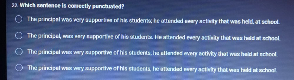 Which sentence is correctly punctuated?
The principal was very supportive of his students; he attended every activity that was held, at school.
The principal, was very supportive of his students. He attended every activity that was held at school.
The principal was very supportive of his students; he attended every activity that was held at school.
The principal was very supportive of his students, he attended every activity that was held at school.