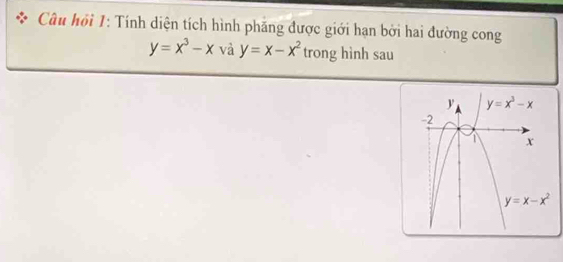 Câu hồi 1: Tính diện tích hình phăng được giới hạn bởi hai đường cong
y=x^3-x và y=x-x^2 trong hình sau