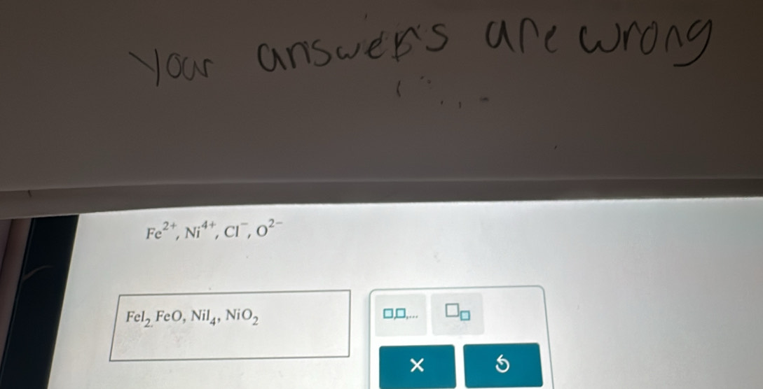 Fe^(2+), Ni^(4+), Cl^-, O^(2-)
FeI_2, FeO, NiI_4, NiO_2
□,□,…. □ _□ 
5