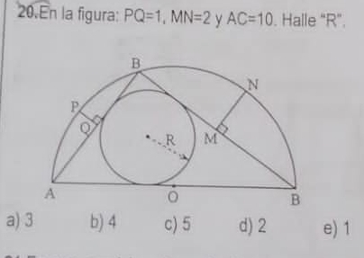 En la figura: PQ=1, MN=2 y AC=10. Halle “ R ”.
a) 3 b) 4 c) 5 d) 2 e) 1