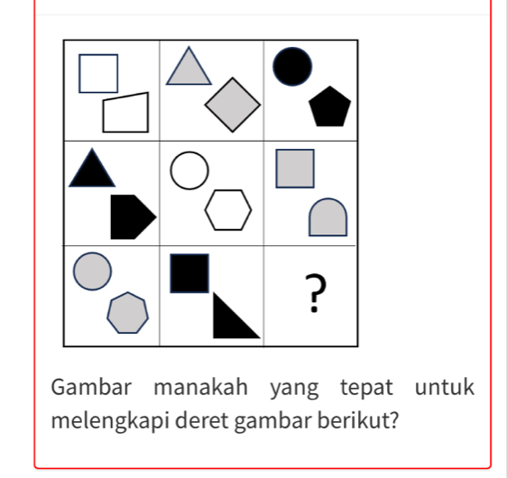 Gambar manakah yang tepat untuk 
melengkapi deret gambar berikut?