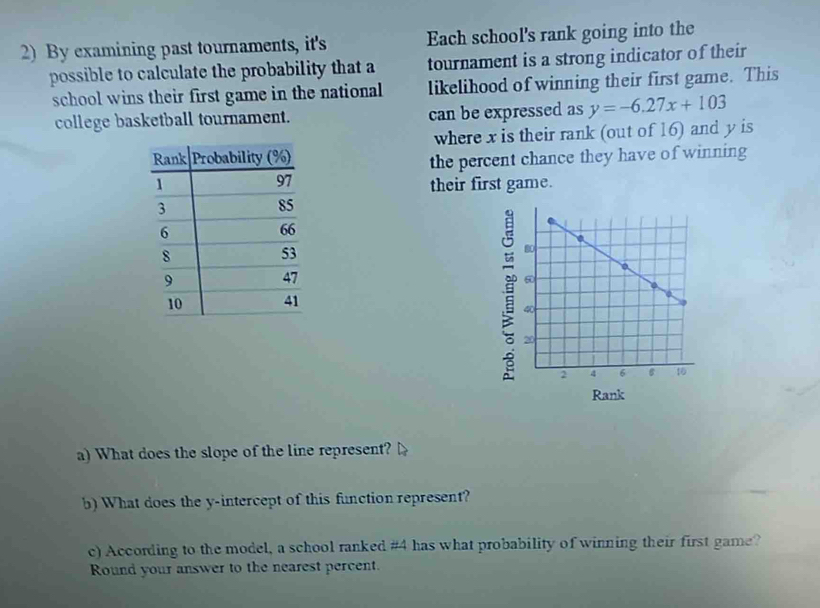 By examining past tournaments, it's Each school's rank going into the
possible to calculate the probability that a tournament is a strong indicator of their
school wins their first game in the national likelihood of winning their first game. This
college basketball tournament. can be expressed as y=-6.27x+103
where x is their rank (out of 16) and y is
the percent chance they have of winning
their first game.
a) What does the slope of the line represent?
b) What does the y-intercept of this function represent?
c) According to the model, a school ranked #4 has what probability of winning their first game?
Round your answer to the nearest percent.