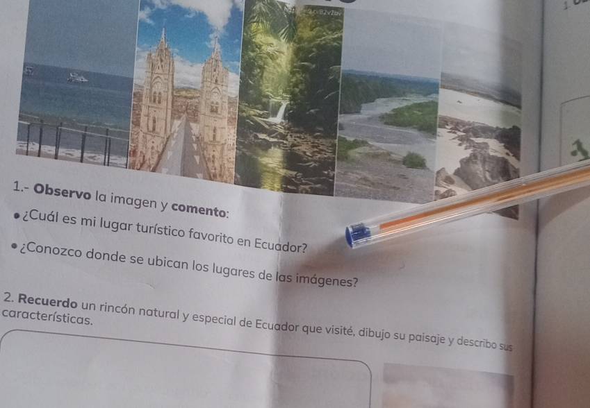 gar turístico favorito en Ecuador? 
¿Conozco donde se ubican los lugares de las imágenes? 
características. 
2. Recuerdo un rincón natural y especial de Ecuador que visité, dibujo su paisaje y describo sus