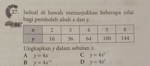 PM
27. Jadual di bawah menunjukkan beberapa nilai
bagi pemboleh ubah x dan y.
Ungkapkan y dalam sebutan x.
A y=4x
C y=4x^2
B y=4x^(-2) D y=4x^3