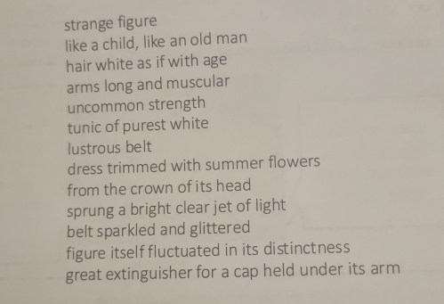 strange figure 
like a child, like an old man 
hair white as if with age 
arms long and muscular 
uncommon strength 
tunic of purest white 
lustrous belt 
dress trimmed with summer flowers 
from the crown of its head 
sprung a bright clear jet of light 
belt sparkled and glittered 
figure itself fluctuated in its distinctness 
great extinguisher for a cap held under its arm