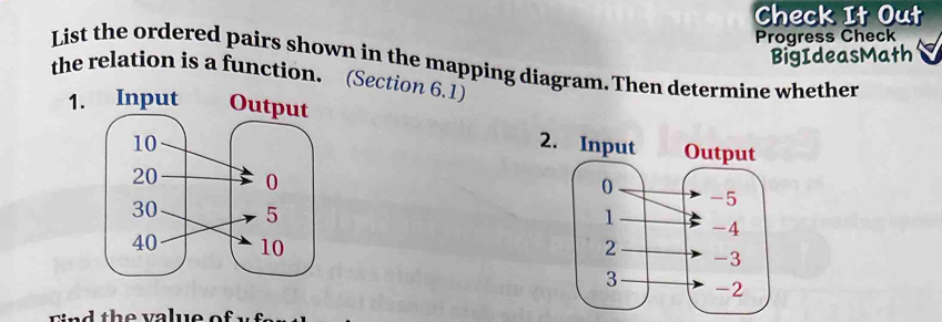 Check It Out 
Progress Check 
BigIdeasMath 
List the ordered pairs shown in the mapping diagram. Then determine whether 
the relation is a function. (Section 6.1) 
1. 
2