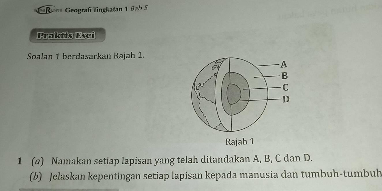 Rane Geografi Tingkatan 1 Bab 5 
Praktis Esei 
Soalan 1 berdasarkan Rajah 1. 
1 (α) Namakan setiap lapisan yang telah ditandakan A, B, C dan D. 
(b) Jelaskan kepentingan setiap lapisan kepada manusia dan tumbuh-tumbuh