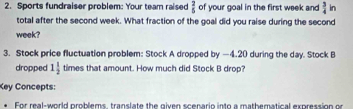 Sports fundraiser problem: Your team raised  2/5  of your goal in the first week and  3/4  in 
total after the second week. What fraction of the goal did you raise during the second 
week? 
3. Stock price fluctuation problem: Stock A dropped by —4.20 during the day. Stock B 
dropped 1 1/2  times that amount. How much did Stock B drop? 
Key Concepts: 
For real-world problems, translate the given scenario into a mathematical expression or