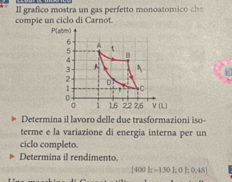 Il grafico mostra un gas perfetto monoatomico che 
compie un ciclo di Carnot. 
Determina il lavoro delle due trasformazioni iso- 
terme e la variazione di energia interna per un 
ciclo completo. 
Determina il rendimento.
[400 J; ~130 J; 0 J; 0,48]