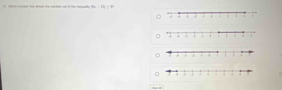 Which number line shows the solution set of the inequality |6x-15|≥ 9
Clear All