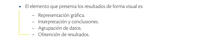 El elemento que presenta los resultados de forma visual es:
Representación gráfica.
- Interpretación y conclusiones.
- Agrupación de datos.
- Obtención de resultados.