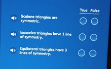 True False
symmetric. Scalene triangles are
of symmetry. Isosceles triangles have 1 line
lines of symmetry. Equilateral triangles have 3