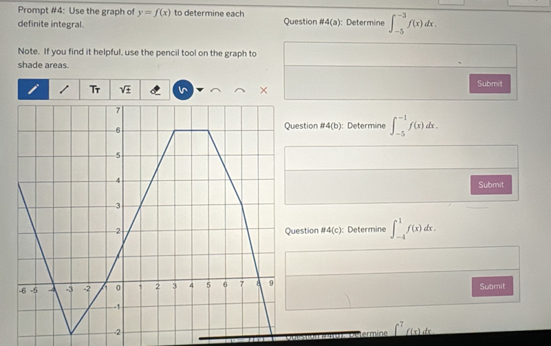 Prompt #4: Use the graph of y=f(x) to determine each Question # 4(a) : Determine ∈t _(-5)^(-3)f(x)dx. 
definite integral. 
Note. If you find it helpful, use the pencil tool on the graph to 
shade areas. 
Submit 
Tr sqrt(± )
× 
: Determine ∈t _(-5)^(-1)f(x)dx. 
stion # 4(b)
Submit 
stion # 4(c) : Determine ∈t _(-4)^1f(x)dx. 
Submit 
ermine ∈t^7f(x)dx_ f(x)dx