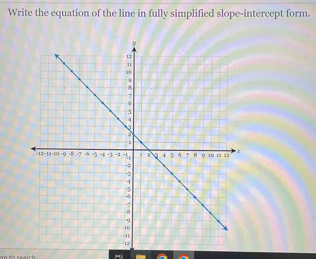 Write the equation of the line in fully simplified slope-intercept form. 
ere to search