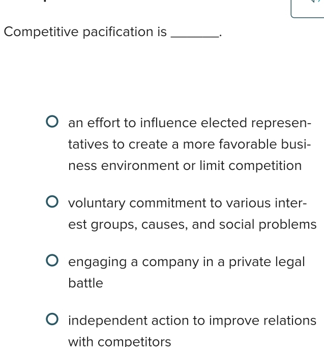Solved: Competitive pacification is_ . an effort to influence elected ...