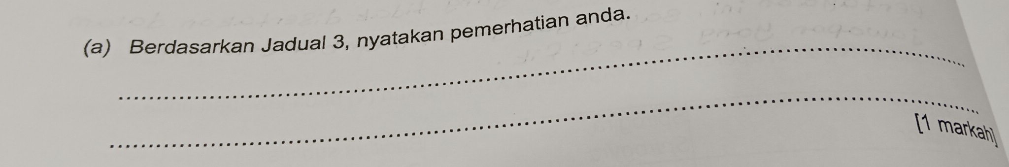 Berdasarkan Jadual 3, nyatakan pemerhatian anda. 
_ 
_ 
[1 markah]