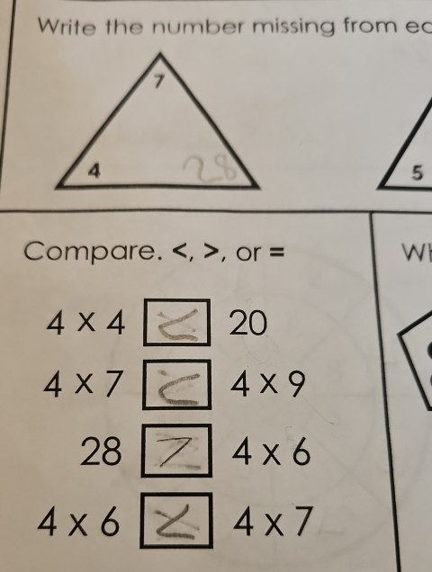 Write the number missing from ec 
Compare. , , or = W
4* 4
20
4* 7
4* 9
28
4* 6
4* 6
4* 7