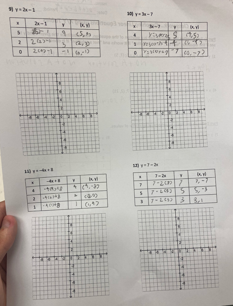 y=2x-1 10) y=3x-7

11) y=-4x+8 12 y=7-2x