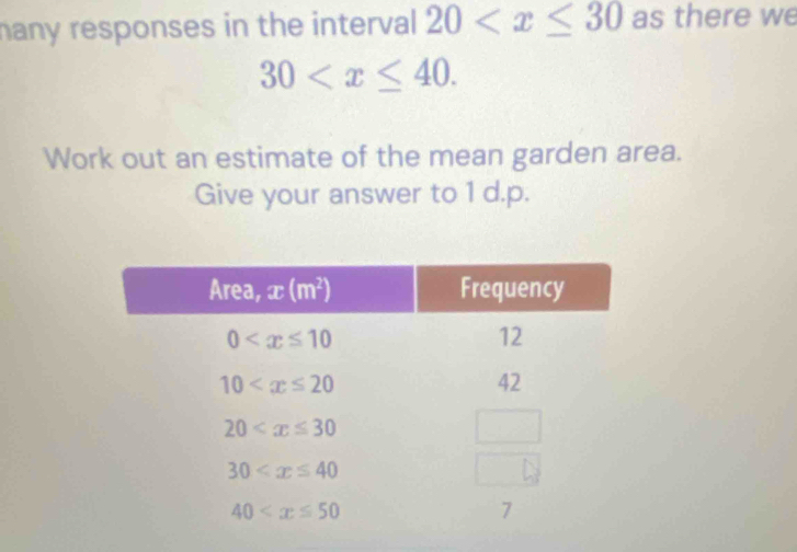 hany responses in the interval 20 as there we
30
Work out an estimate of the mean garden area.
Give your answer to 1 d.p.