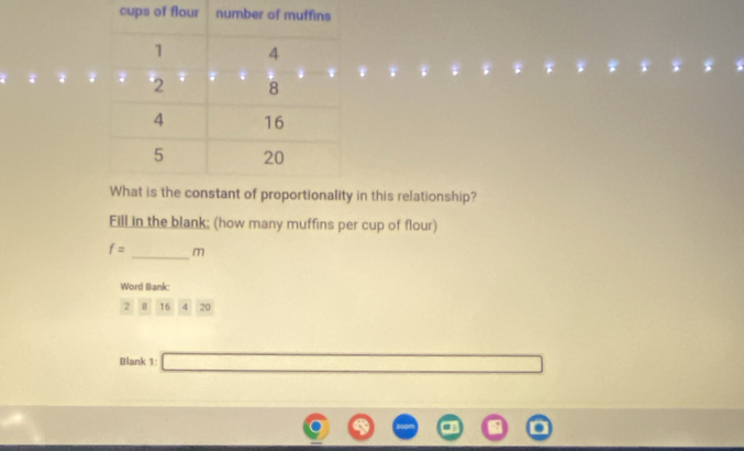 in this relationship? 
Fill in the blank; (how many muffins per cup of flour) 
_ 
f= m 
Word Bank:
2 8 16 4 20
Blank 1: □