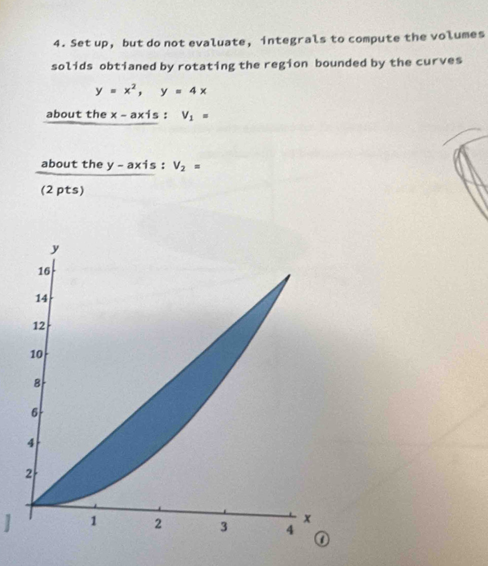 Set up， but do not evaluate, integrals to compute the volumes 
solids obtianed by rotating the region bounded by the curves
y=x^2, y=4x
about the x-axis : V_1=
about the y-axis : V_2=
(2 pts) 
]