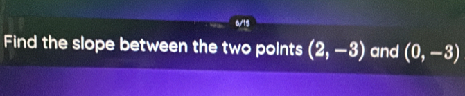6/15 
Find the slope between the two points (2,-3) and (0,-3)