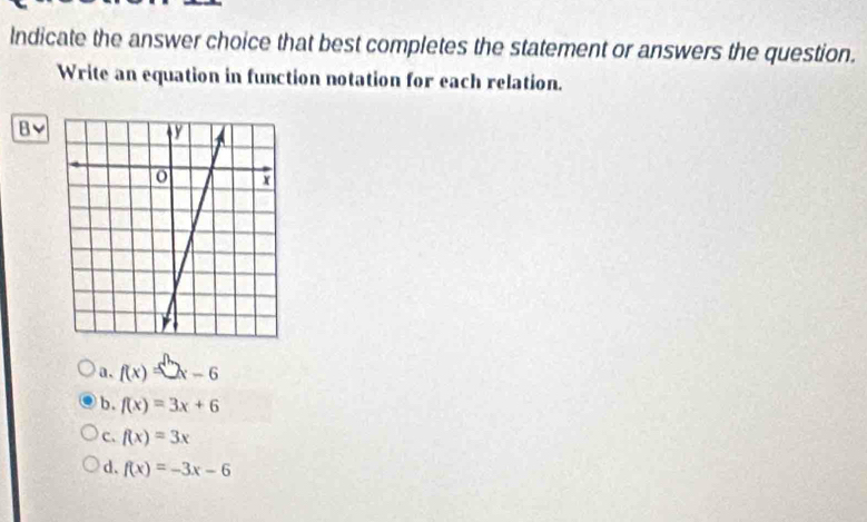 Indicate the answer choice that best completes the statement or answers the question.
Write an equation in function notation for each relation.
B
a. f(x)=3x-6
b. f(x)=3x+6
c. f(x)=3x
d. f(x)=-3x-6