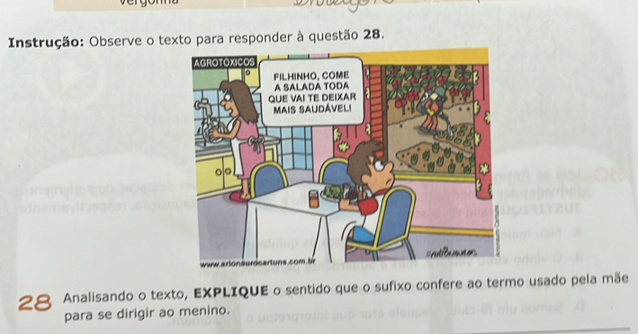 Instrução: Observe o texto para responder à questão 28. 
28 Analisando o texto, EXPLIQUE o sentido que o sufixo confere ao termo usado pela mãe 
para se dirigir ao menino.