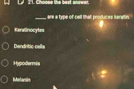 Choose the best answer.
_are a type of cell that produces keratin.
Keratinocytes
Dendritic cells
Hypodermis
Melanin